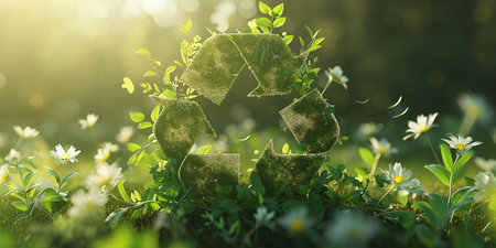 green planet surrounded by recycling symbol wrapped in green grass flowers on light futuristic eco backgroundの素材