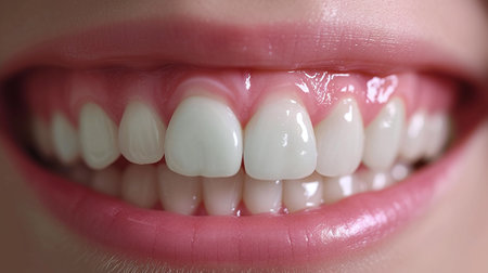 White tooth and gum close up with dental implant, human teeth for medical conceptの素材