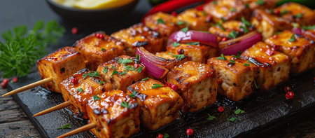 dish of tofu skewers with lemon and garlic.の素材