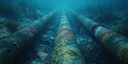 thick internet cable runs underwaterの素材