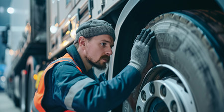 Auto mechanic checking truck wheels, tiresの素材