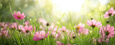 floral background with pink flowers and grassの素材
