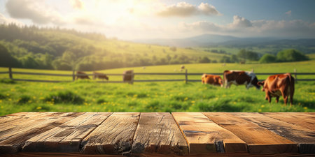 Empty wooden table top with grass field and cows backgroundの素材