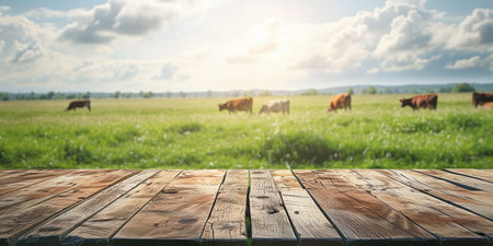 Empty wooden table top with grass field and cows backgroundの素材