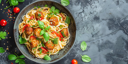Egg noodles with pork meatballs and vegetables Thai style noodlesの素材