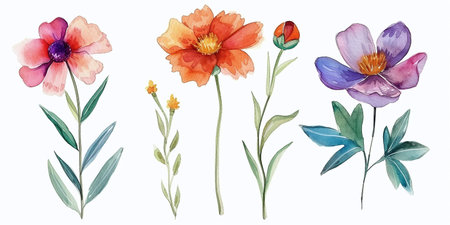 watercolor flower. Floral design elements isolated on white backgroundの素材
