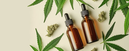 two clean brown glass bottles with a dropper, cannabis leaves, flat top view. copy spaceの素材