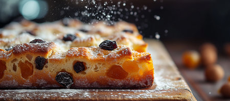 sweet focaccia with dried fruits and powdered sugarの素材