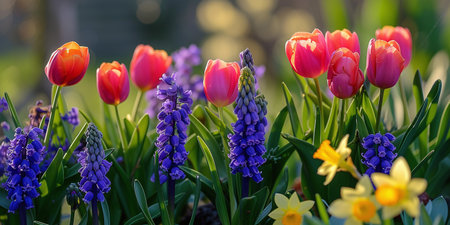 Spring flowers tulips, daffodils and hyacinths, the arrival of springの素材