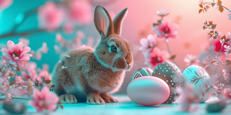 Easter bunny, colored eggs, and flowers. Happy Easterの素材