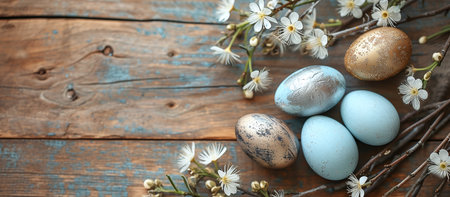Easter eggs on a natural wooden background, feathers, birds and flowers, silver and gold.の素材