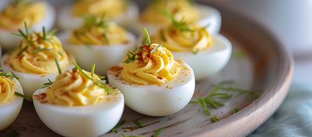 Deviled eggs are cut in half and filled with mayonnaise, mustard and seasonings such as salt, pepper and paprika.の素材