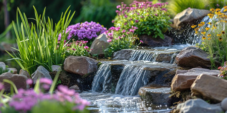 small garden waterfall surrounded by flowersの素材
