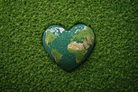 planet earth in the shape of a heart, on green backgroundの素材