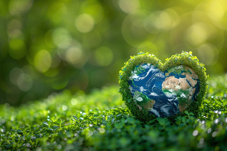 planet earth in the shape of a heart, on green backgroundの素材