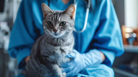 woman veterinarian listens to cat with stethoscope in clinicの素材