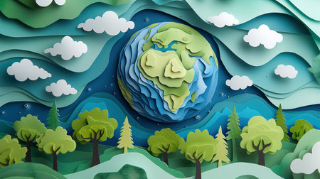 Earth symbol in paper cut style. environmental postcard background with planet earth. Earth Dayの素材
