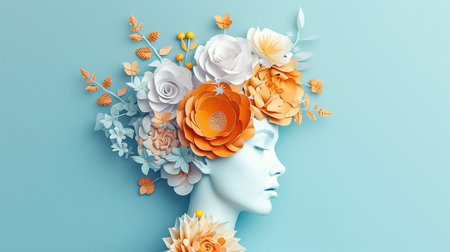 head of a woman with flowers in it, in the style of delicate paper cutoutsの素材