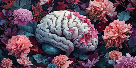 Human brain tree with flowers, self care and mental health concept, positive thinking, creative mindの素材