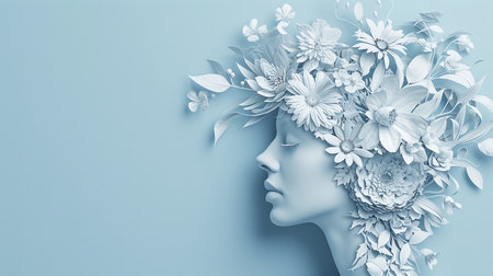 head of a woman with flowers in it, in the style of delicate paper cutoutsの素材