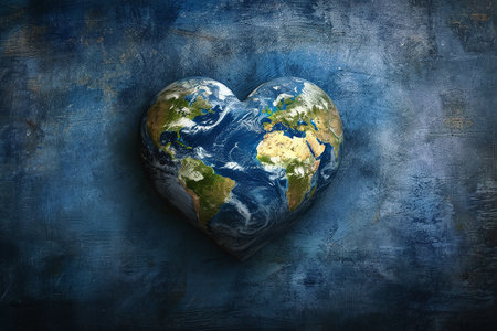 planet earth in the shape of a heart, on green backgroundの素材