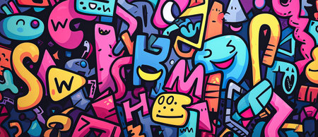 colorful different shapes, swirls, shapes, arches, squiggles, brush strokes and doodles. geometric figures. abstract background in pop art styleの素材