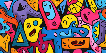 colorful different shapes, swirls, shapes, arches, squiggles, brush strokes and doodles. geometric figures. abstract background in pop art styleの素材