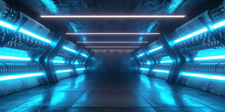 3D rendering of a dark corridor with illuminated by blue neon lightsの素材