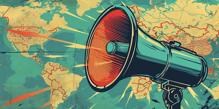 collage grunge banner. Crazy actions are announced over the loudspeaker. Doodle elements on retro posterの素材