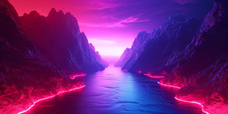 neon glow path concept illustration mountain landscapeの素材
