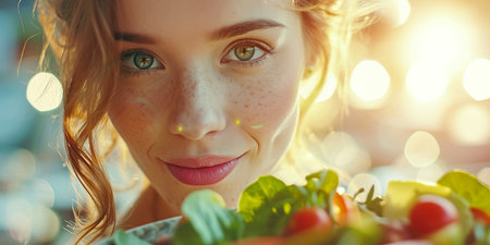 young attractive woman with salad in a plateの素材