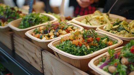 seller of delicious dishes, vegan salads, catering in sustainable, environmentally friendly packagingの素材