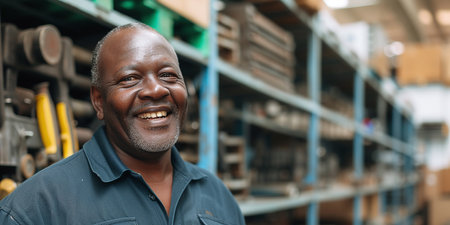 smiling African man standing in equipment warehouseの素材