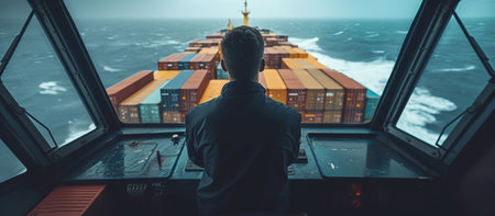 The captain of a commercial container ship looks out to sea from the cockpitの素材
