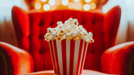 popcorn stands on a red chair in the cinemaの素材
