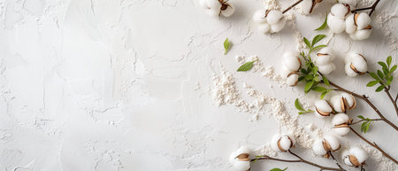 White table with cotton flowers, copy spaceの素材