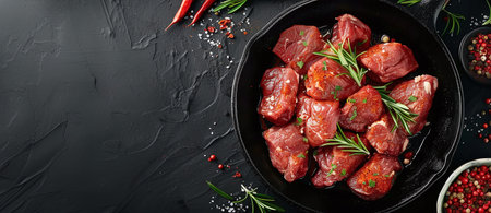 Top view of cast iron frying pan with raw meat seasoned with pepperの素材