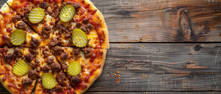 Delicious pizza with beef cheese and pickles on a wooden tableの素材
