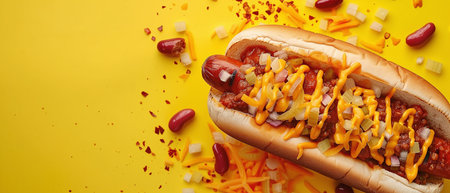 Homemade Hot Chili Dog with Cheddar Cheese and Onionsの素材