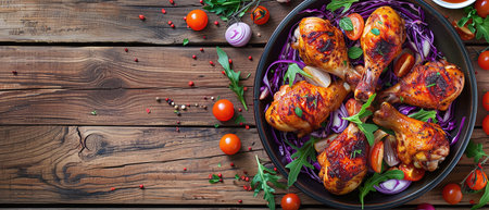 Fried chicken legs with cabbage and tomatoes on a rustic wooden tableの素材