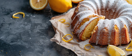 lemon sponge cake with sugar glaze, cut out on parchment paper and covered with lemon zestの素材
