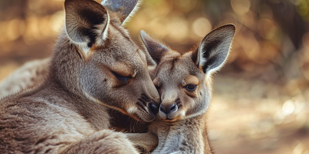 baby kangaroo holding on to momの素材
