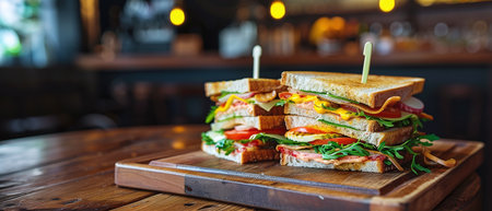 sandwich on a wooden board on a table in a cafeの素材