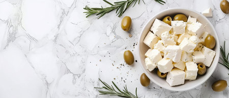 Sliced ââgoat feta cheese with rosemary and olivesの素材