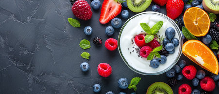 Assorted fresh fruits with yogurt, healthy breakfast, healthy eating conceptの素材