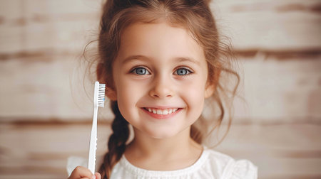 Smiling child girl holding a toothbrushの素材