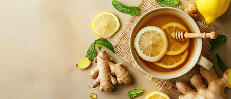 Ginger tea Cup of ginger tea with lemon, honey and mintの素材