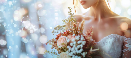 Woman with flowers and wedding dress for marriage or engagement ceremonyの素材