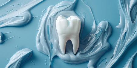healthy white tooth surrounded by a swirl of toothpasteの素材