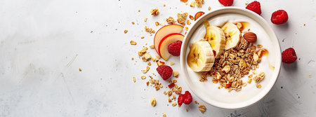 Healthy breakfast with natural yogurt, muesli, apple and bananasの素材